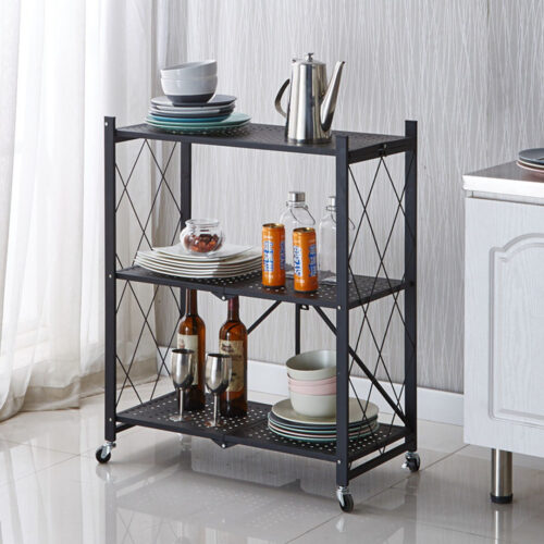 2x 3 Tier Steel Black Folding Kitchen Cart Multi-Functional Shelves Portable Storage Organizer with Wheels - Image 3