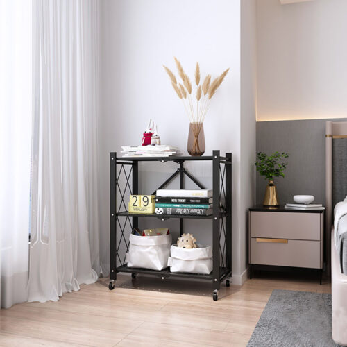 2x 3 Tier Steel Black Folding Kitchen Cart Multi-Functional Shelves Portable Storage Organizer with Wheels - Image 10