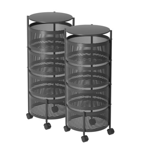 2x 4 Tier Steel Round Rotating Kitchen Cart Multi-Functional Shelves Portable Storage Organizer with Wheels