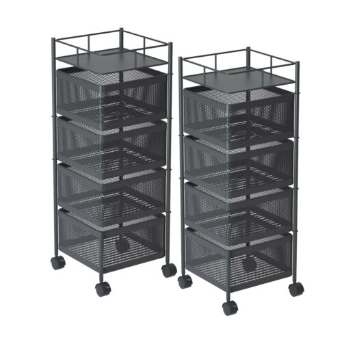 2x 4 Tier Steel Square Rotating Kitchen Cart Multi-Functional Shelves Portable Storage Organizer with Wheels
