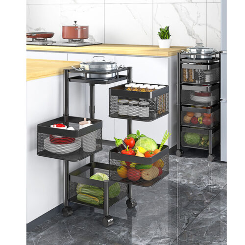 2x 4 Tier Steel Square Rotating Kitchen Cart Multi-Functional Shelves Portable Storage Organizer with Wheels - Image 3