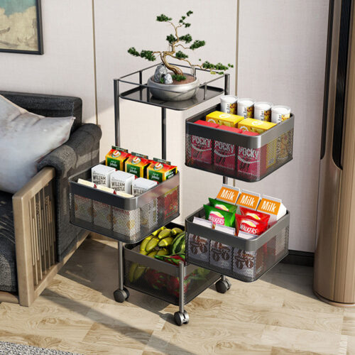 2x 4 Tier Steel Square Rotating Kitchen Cart Multi-Functional Shelves Portable Storage Organizer with Wheels - Image 4