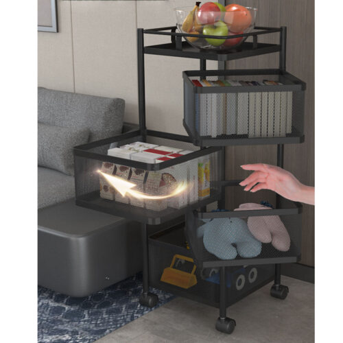 2x 4 Tier Steel Square Rotating Kitchen Cart Multi-Functional Shelves Portable Storage Organizer with Wheels - Image 6
