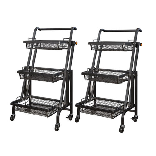 2x 3 Tier Steel Black Adjustable Kitchen Cart Multi-Functional Shelves Portable Storage Organizer with Wheels