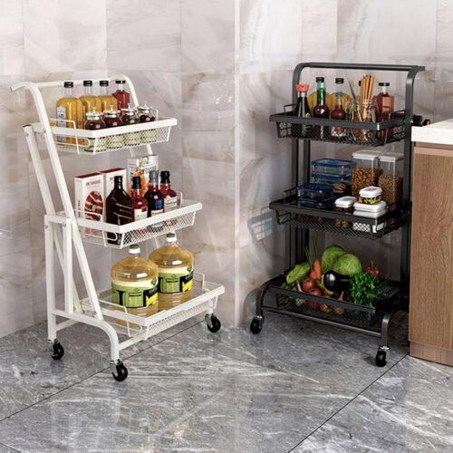 2x 3 Tier Steel Black Adjustable Kitchen Cart Multi-Functional Shelves Portable Storage Organizer with Wheels - Image 3