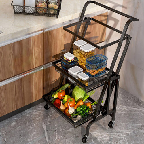 2x 3 Tier Steel Black Adjustable Kitchen Cart Multi-Functional Shelves Portable Storage Organizer with Wheels - Image 5