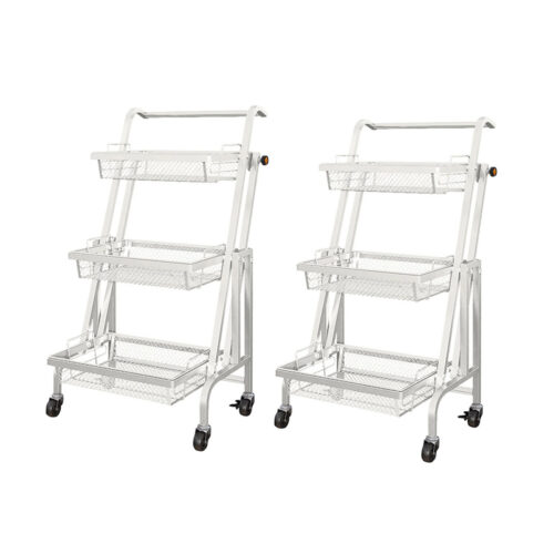 2x 3 Tier Steel White Adjustable Kitchen Cart Multi-Functional Shelves Portable Storage Organizer with Wheels