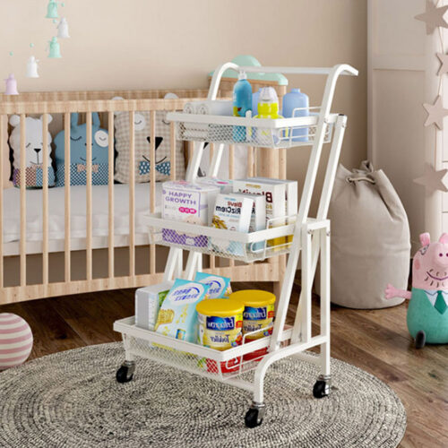2x 3 Tier Steel White Adjustable Kitchen Cart Multi-Functional Shelves Portable Storage Organizer with Wheels - Image 5
