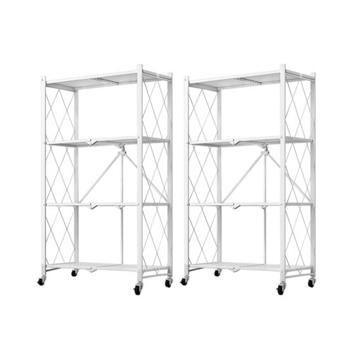 2x 4 Tier Steel White Folding Kitchen Cart Multi-Functional Shelves Portable Storage Organizer with Wheels