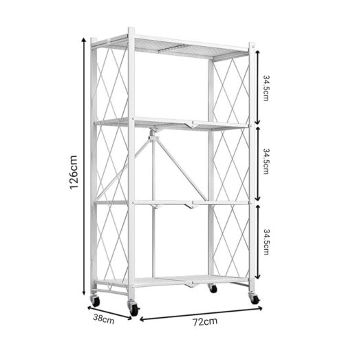 2x 4 Tier Steel White Folding Kitchen Cart Multi-Functional Shelves Portable Storage Organizer with Wheels - Image 2