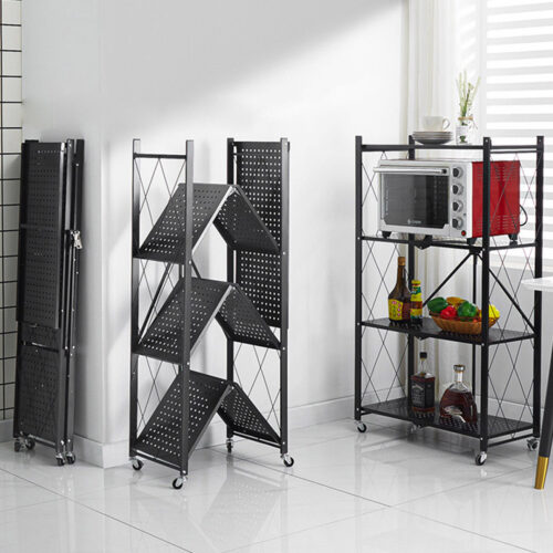 2x 4 Tier Steel Black Folding Kitchen Cart Multi-Functional Shelves Portable Storage Organizer with Wheels - Image 4