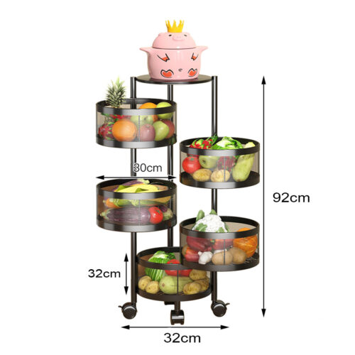 2x 5 Tier Steel Round Rotating Kitchen Cart Multi-Functional Shelves Portable Storage Organizer with Wheels - Image 2
