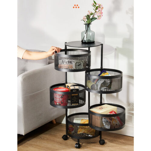 2x 5 Tier Steel Round Rotating Kitchen Cart Multi-Functional Shelves Portable Storage Organizer with Wheels - Image 4