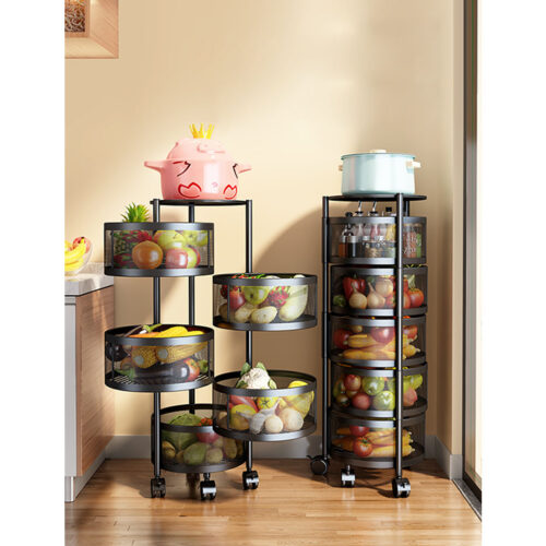 2x 5 Tier Steel Round Rotating Kitchen Cart Multi-Functional Shelves Portable Storage Organizer with Wheels - Image 8