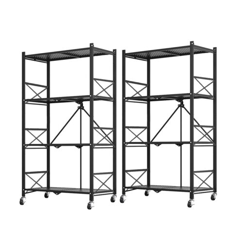 2x 4 Tier Steel Black Folding Display Stand Multi-Functional Shelves Portable Storage Organizer with Wheels
