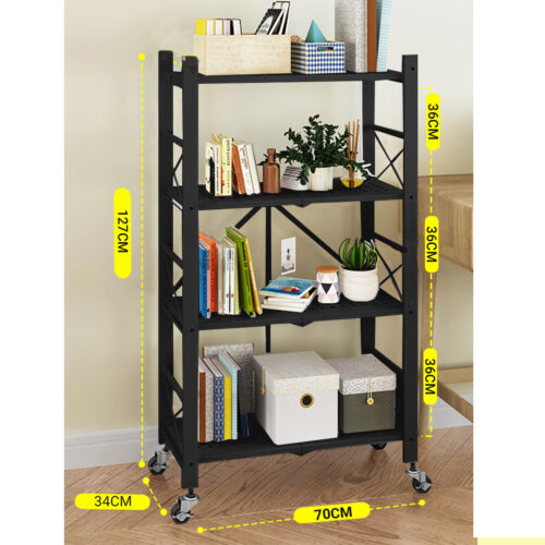 2x 4 Tier Steel Black Folding Display Stand Multi-Functional Shelves Portable Storage Organizer with Wheels - Image 2