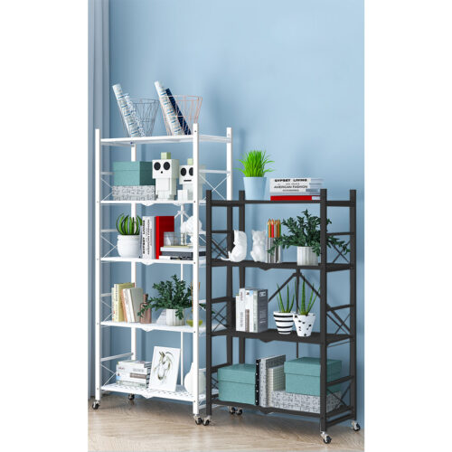 2x 4 Tier Steel Black Folding Display Stand Multi-Functional Shelves Portable Storage Organizer with Wheels - Image 3