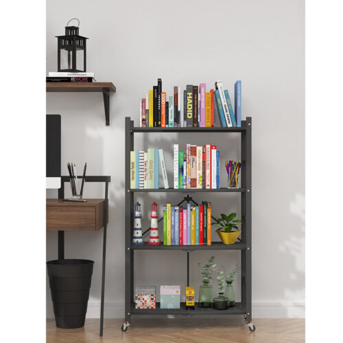 2x 4 Tier Steel Black Folding Display Stand Multi-Functional Shelves Portable Storage Organizer with Wheels - Image 7