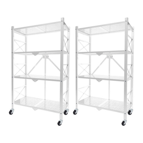 2x 4 Tier Steel White Folding Display Stand Multi-Functional Shelves Portable Storage Organizer with Wheels