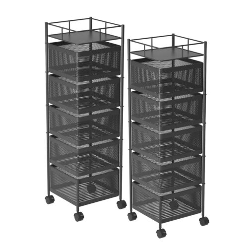 2x 5 Tier Steel Square Rotating Kitchen Cart Multi-Functional Shelves Portable Storage Organizer with Wheels