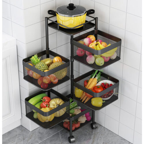 2x 5 Tier Steel Square Rotating Kitchen Cart Multi-Functional Shelves Portable Storage Organizer with Wheels - Image 7