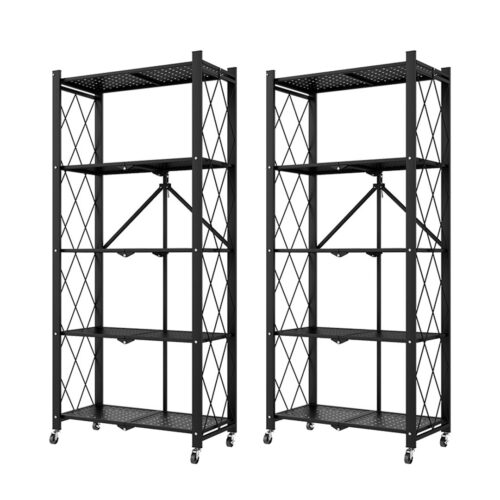 2x 5 Tier Steel Black Folding Kitchen Cart Multi-Functional Shelves Portable Storage Organizer with Wheels