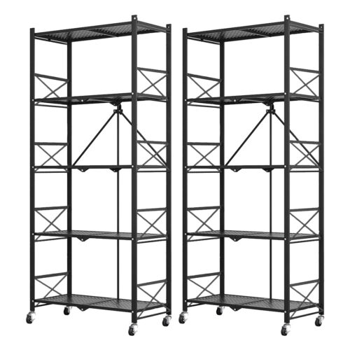 2x 5 Tier Steel Black Folding Display Stand Multi-Functional Shelves Portable Storage Organizer with Wheels