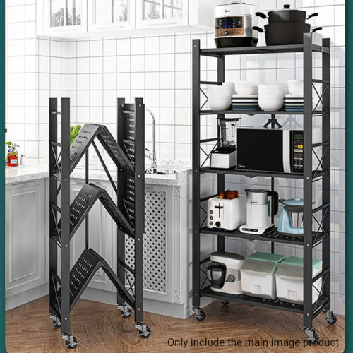 2x 5 Tier Steel Black Folding Display Stand Multi-Functional Shelves Portable Storage Organizer with Wheels - Image 4