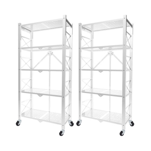 2x 5 Tier Steel White Folding Display Stand Multi-Functional Shelves Portable Storage Organizer with Wheels