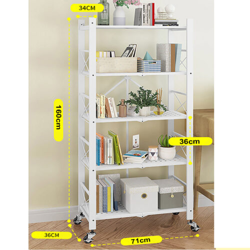 2x 5 Tier Steel White Folding Display Stand Multi-Functional Shelves Portable Storage Organizer with Wheels - Image 2