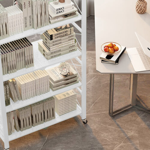 2x 5 Tier Steel White Folding Display Stand Multi-Functional Shelves Portable Storage Organizer with Wheels - Image 4