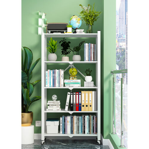 2x 5 Tier Steel White Folding Display Stand Multi-Functional Shelves Portable Storage Organizer with Wheels - Image 6