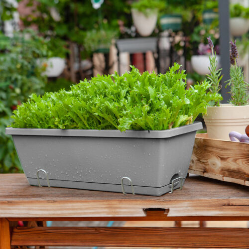 49.5cm Gray Planter Vegetable Herb Flower Outdoor Plastic Box with Holder Balcony Garden Decor Set of 2 - Image 2