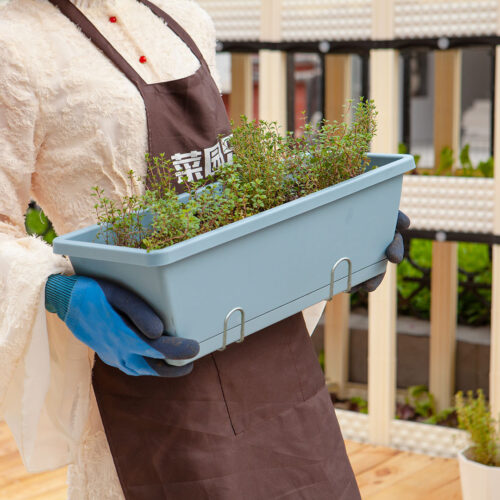 49.5cm Blue Planter Vegetable Herb Flower Outdoor Plastic Box with Holder Balcony Garden Decor Set of 2 - Image 2