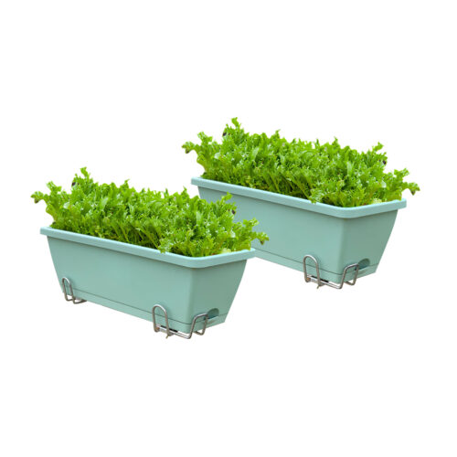 49.5cm Green Planter Vegetable Herb Flower Outdoor Plastic Box with Holder Balcony Garden Decor Set of 2
