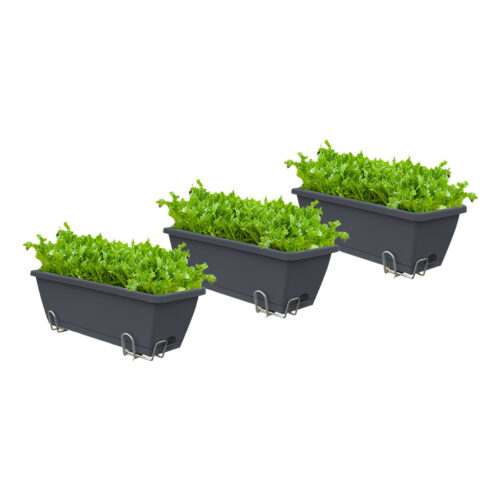 49.5cm Black Planter Vegetable Herb Flower Outdoor Plastic Box with Holder Balcony Garden Decor Set of 3