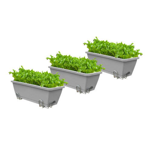 49.5cm Gray Planter Vegetable Herb Flower Outdoor Plastic Box with Holder Balcony Garden Decor Set of 3