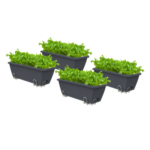 49.5cm Black Planter Vegetable Herb Flower Outdoor Plastic Box with Holder Balcony Garden Decor Set of 4