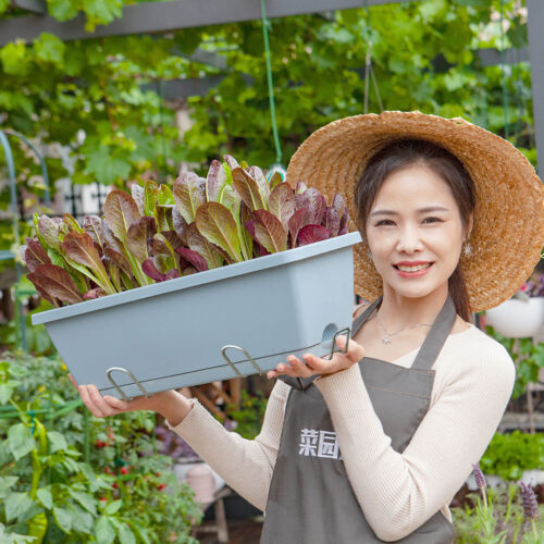 49.5cm Blue Planter Vegetable Herb Flower Outdoor Plastic Box with Holder Balcony Garden Decor Set of 4 - Image 4