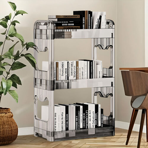 38x24cm Clear 3 Tier Bookshelf Cosmetic Storage Organizer Trolley Rack - Image 4