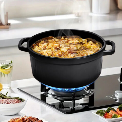 Cast Iron 24cm Stewpot Casserole Stew Cooking Pot with Lid 3.6L Black - Image 6