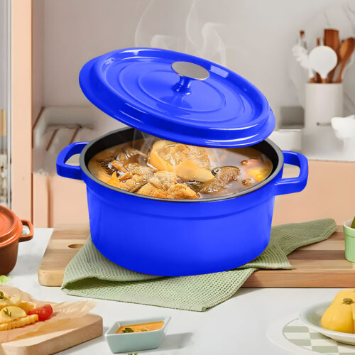 Cast Iron 24cm Enamel Porcelain Stewpot Casserole Stew Cooking Pot with Lid 3.6L Blue - Image 3