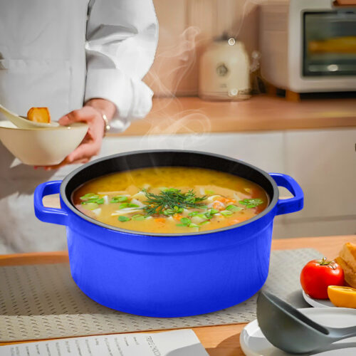 Cast Iron 24cm Enamel Porcelain Stewpot Casserole Stew Cooking Pot with Lid 3.6L Blue - Image 5