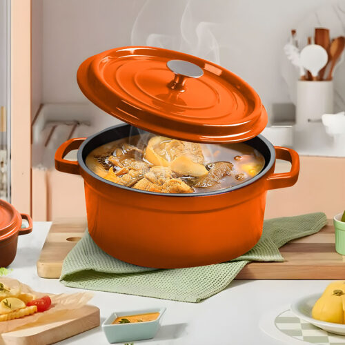 Cast Iron 24cm Enamel Porcelain Stewpot Casserole Stew Cooking Pot with Lid 3.6L Orange - Image 3