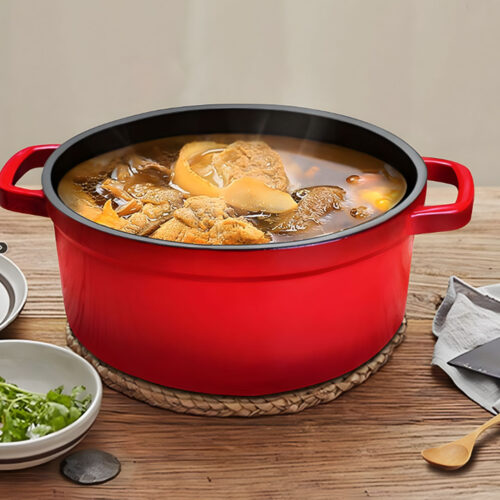 Cast Iron Enamel 24cm Porcelain Stewpot Casserole Stew Cooking Pot with Lid 3.6L Red - Image 2