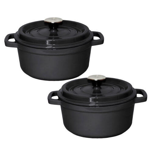 2x Cast Iron 24cm Stewpot Casserole Stew Cooking Pot with Lid Black