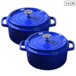 2x Cast Iron 24cm Enamel Porcelain Stewpot Casserole Stew Cooking Pot with Lid Blue