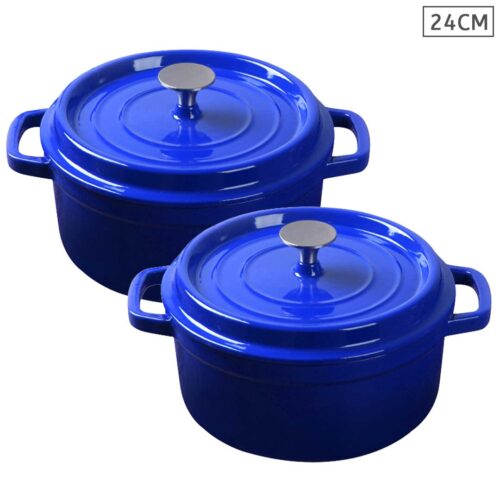 2x Cast Iron 24cm Enamel Porcelain Stewpot Casserole Stew Cooking Pot with Lid Blue