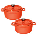 2x Cast Iron 24cm Enamel Porcelain Stewpot Casserole Stew Cooking Pot with Lid Orange
