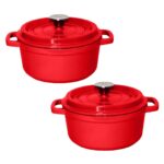 2x Cast Iron 24cm Enamel Porcelain Stewpot Casserole Stew Cooking Pot with Lid Red